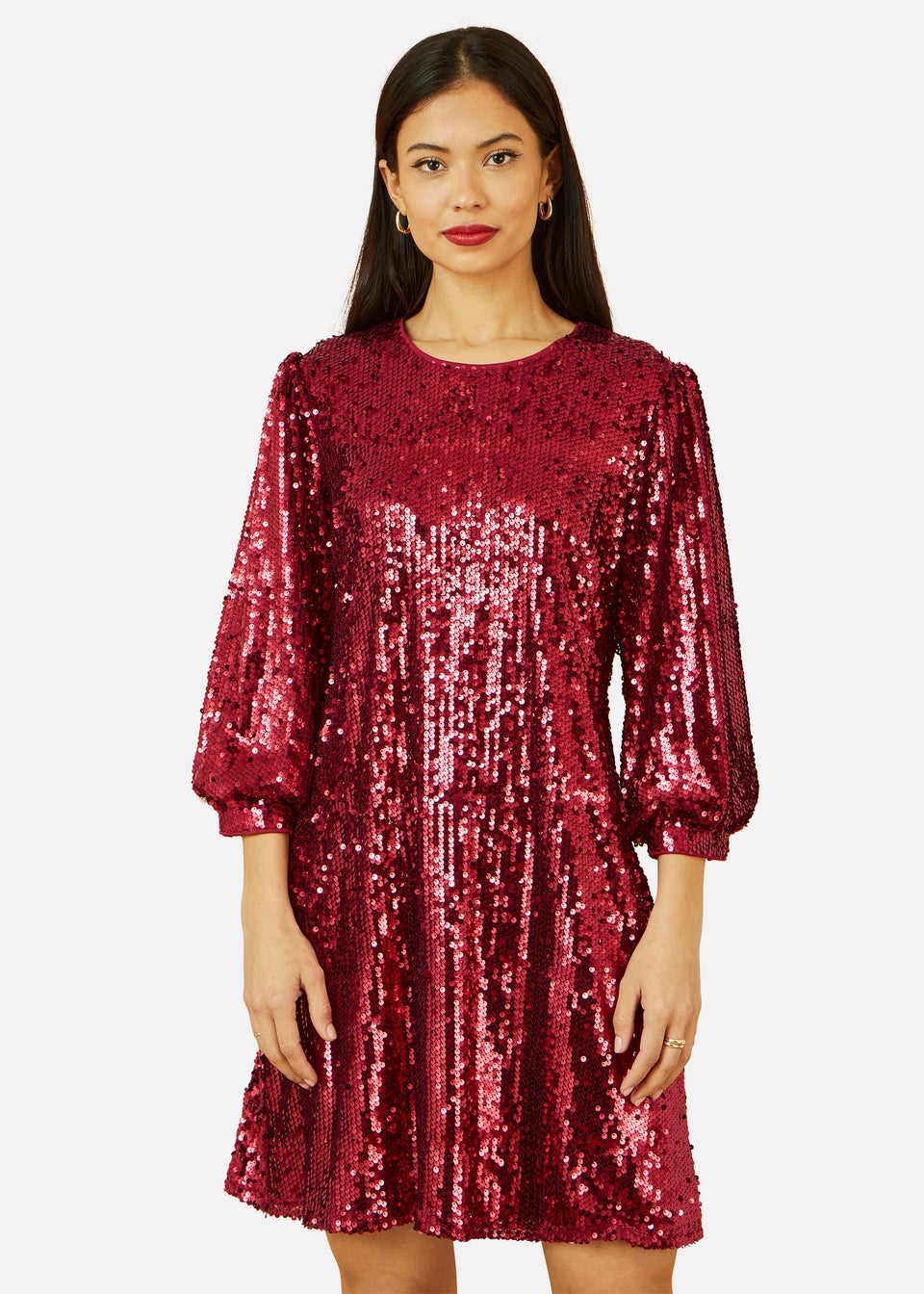 Yumi  Burgundy Sequin Tunic Dress With Balloon Sleeves