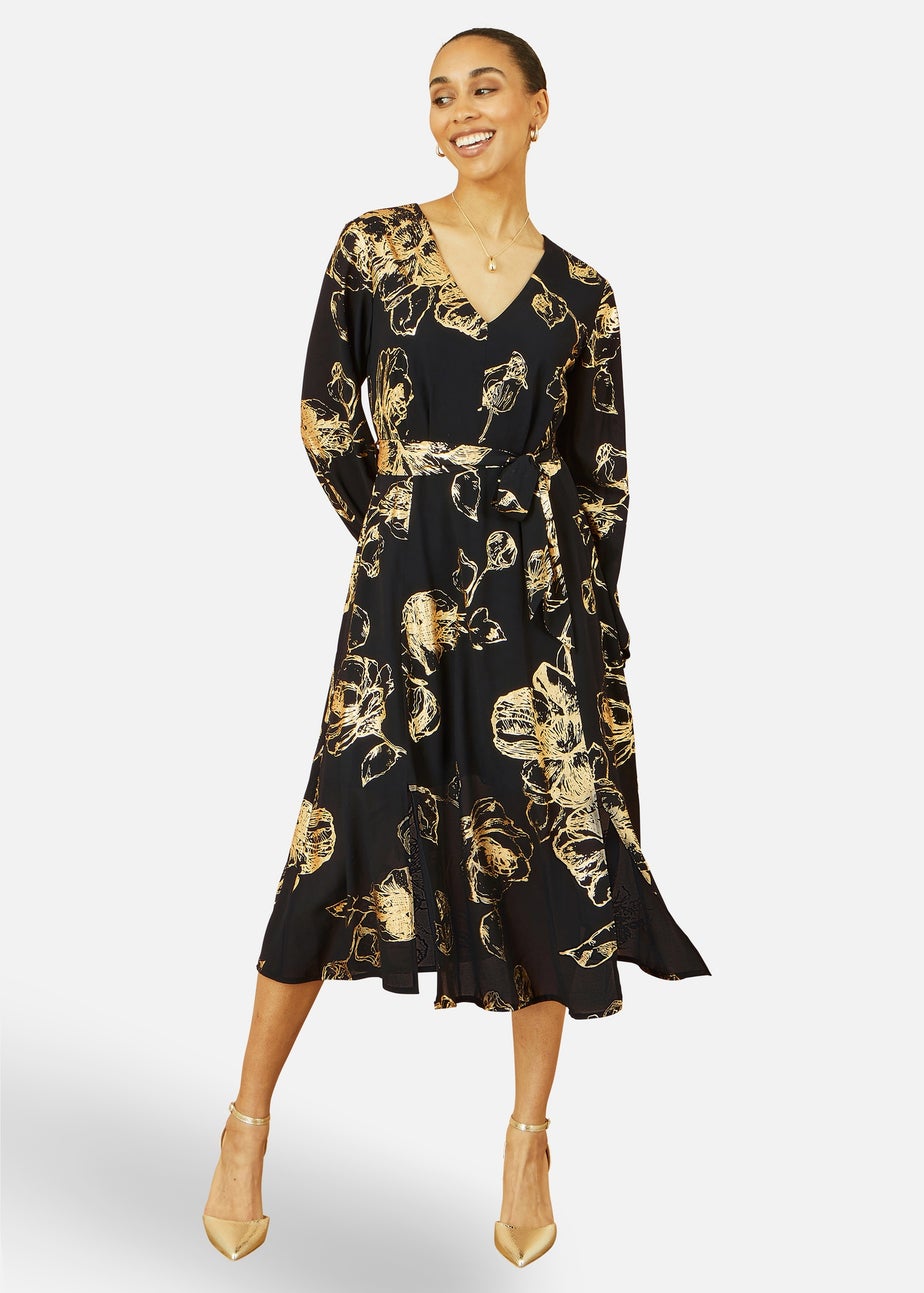 Yumi Black Foil Rose Print Midi Dress