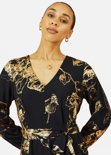 Yumi Black Foil Rose Print Midi Dress
