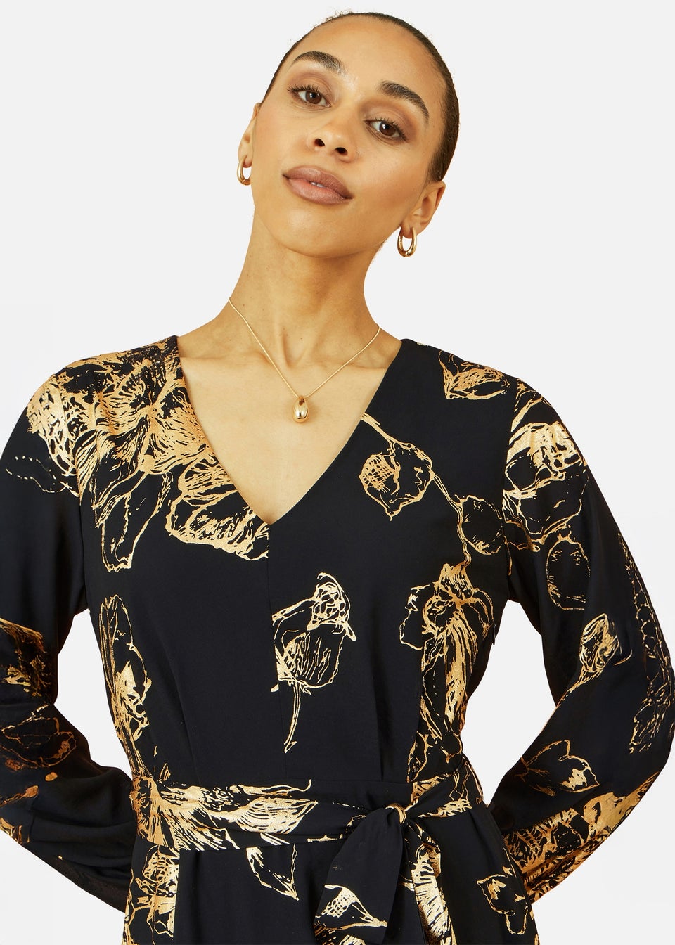 Yumi Black Foil Rose Print Midi Dress