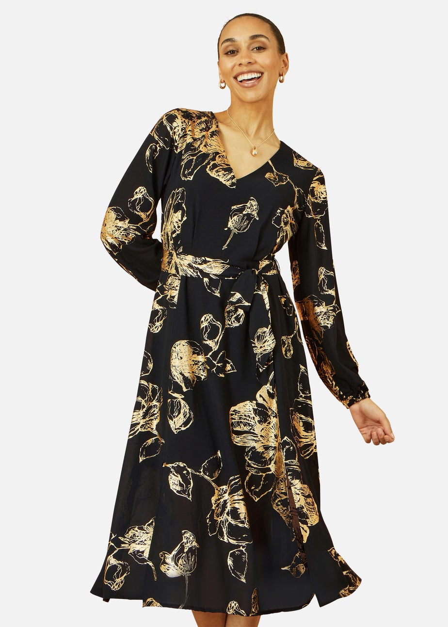 Yumi Black Foil Rose Print Midi Dress