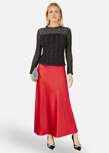 Yumi Red Satin Midi Skirt