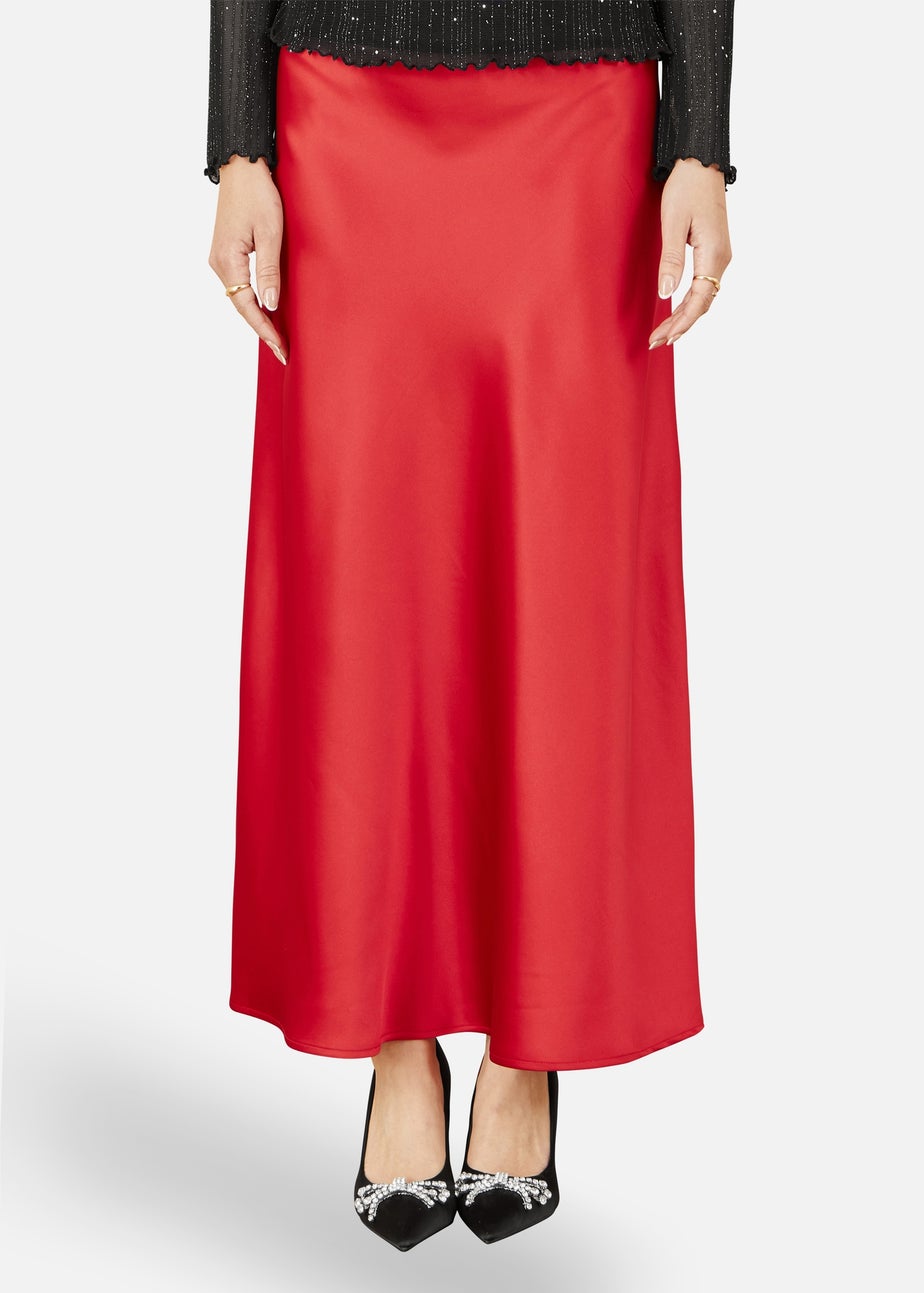 Yumi Red Satin Midi Skirt