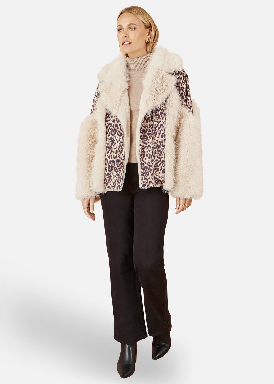 Yumi Cream Fur Biker Jacket With Leopard Print