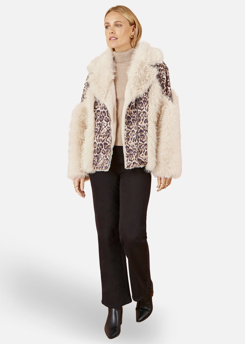 Yumi Cream Fur Biker Jacket With Leopard Print