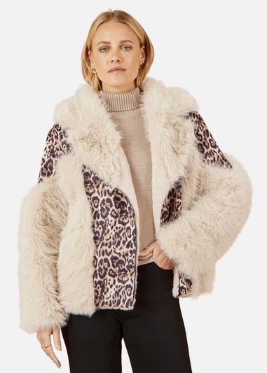Yumi Cream Fur Biker Jacket With Leopard Print