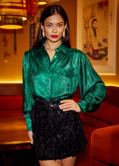 Yumi Green Metallic Relaxed Balloon Sleeve Shirt