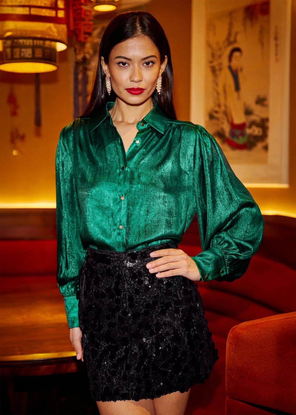 Yumi Green Metallic Relaxed Balloon Sleeve Shirt