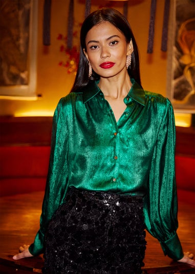Yumi Green Metallic Relaxed Balloon Sleeve Shirt