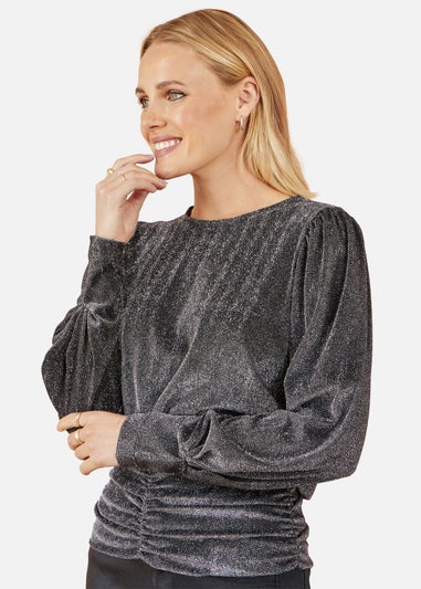 Yumi Black Metallic Stretch Ruched Hem Top