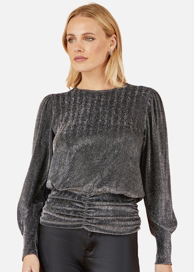Yumi Black Metallic Stretch Ruched Hem Top