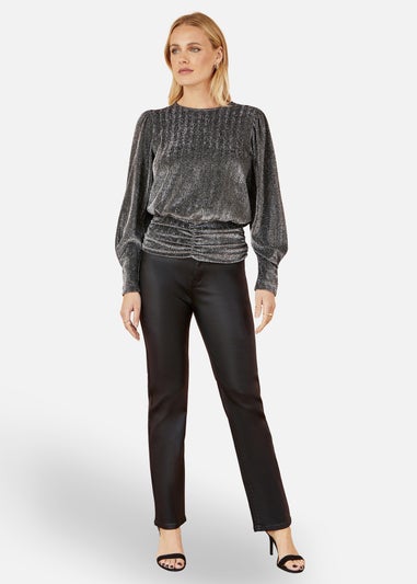 Yumi Black Metallic Stretch Ruched Hem Top