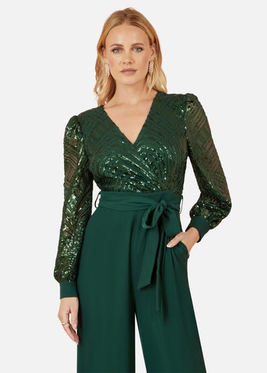 Yumi Green Sequin Wrap Over Jumpsuit
