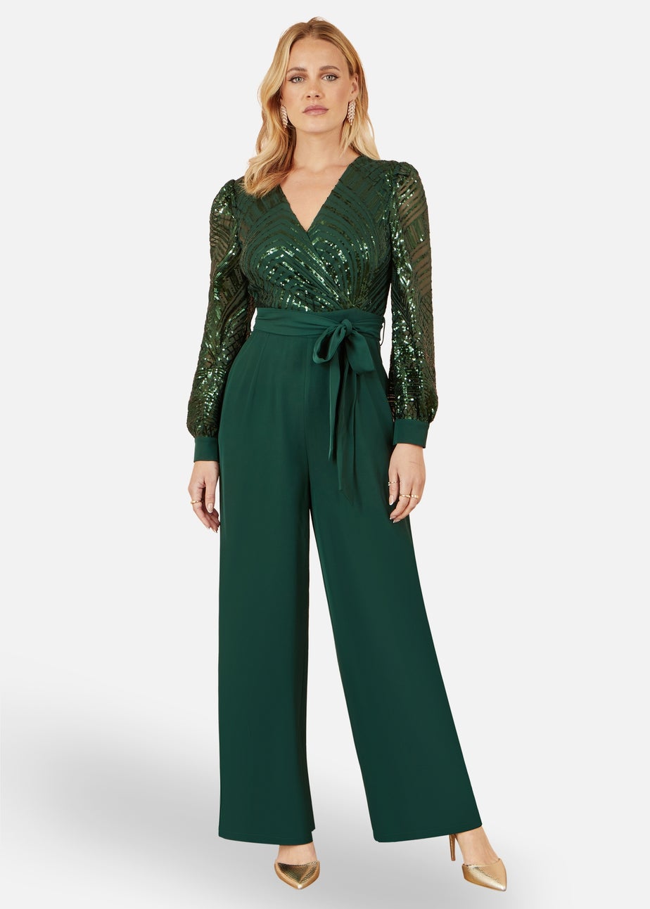 Yumi Green Sequin Wrap Over Jumpsuit