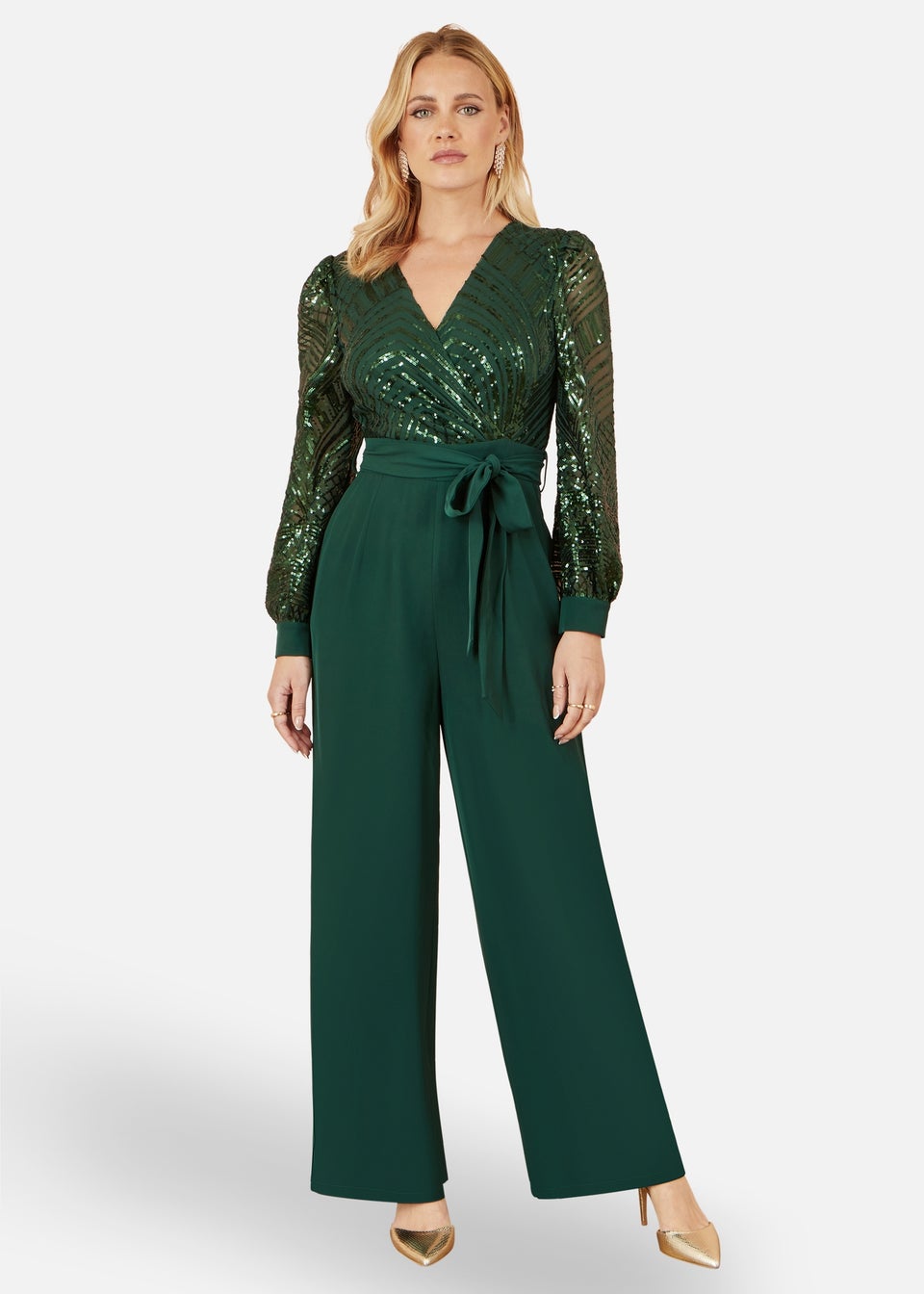 Yumi Green Sequin Wrap Over Jumpsuit