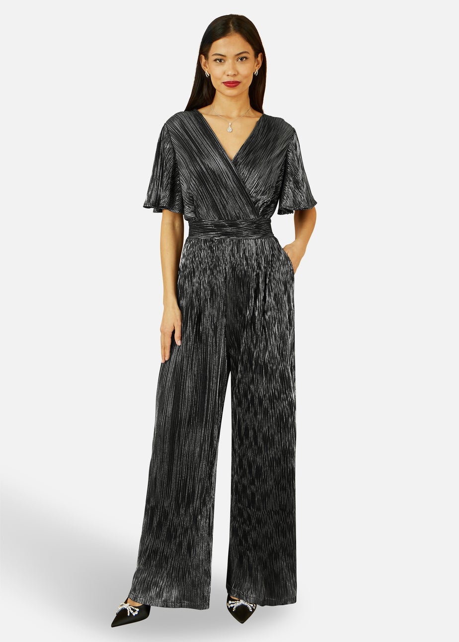 Yumi Black Metallic Pleated Jumpsuit With V Neck