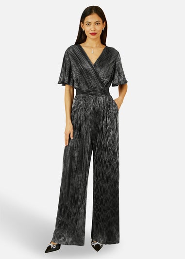 Yumi Black Metallic Pleated Jumpsuit With V Neck