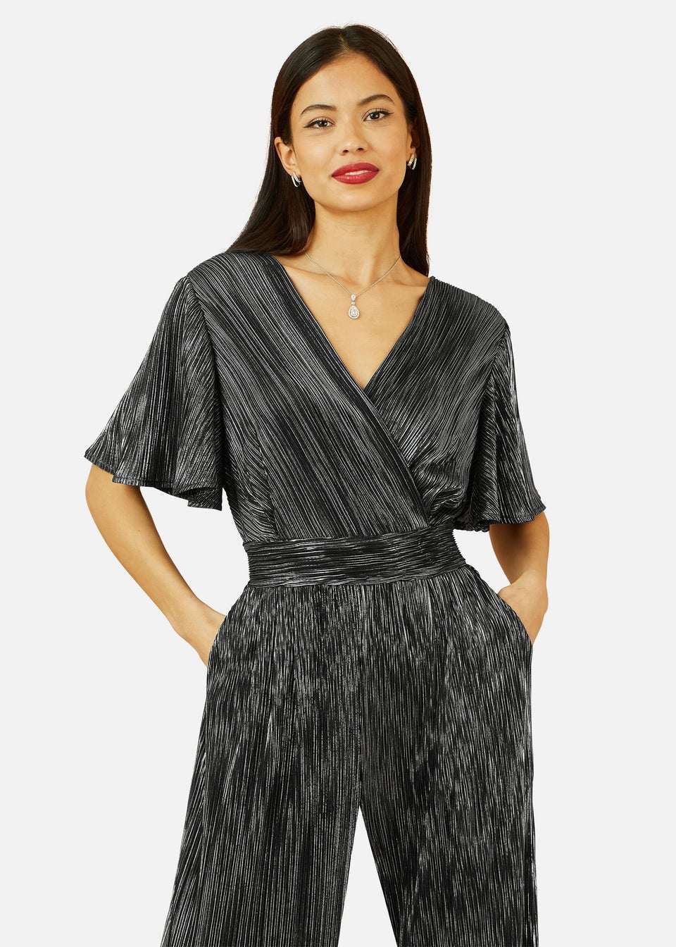 Yumi Black Metallic Pleated Jumpsuit With V Neck