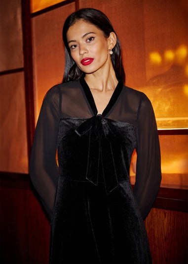 Yumi Black Velvet  Sheer Sleeves Skater Dress