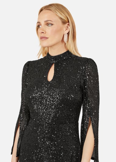 Yumi Black Sequin Fitted Midi Dress With Flute Sleeves