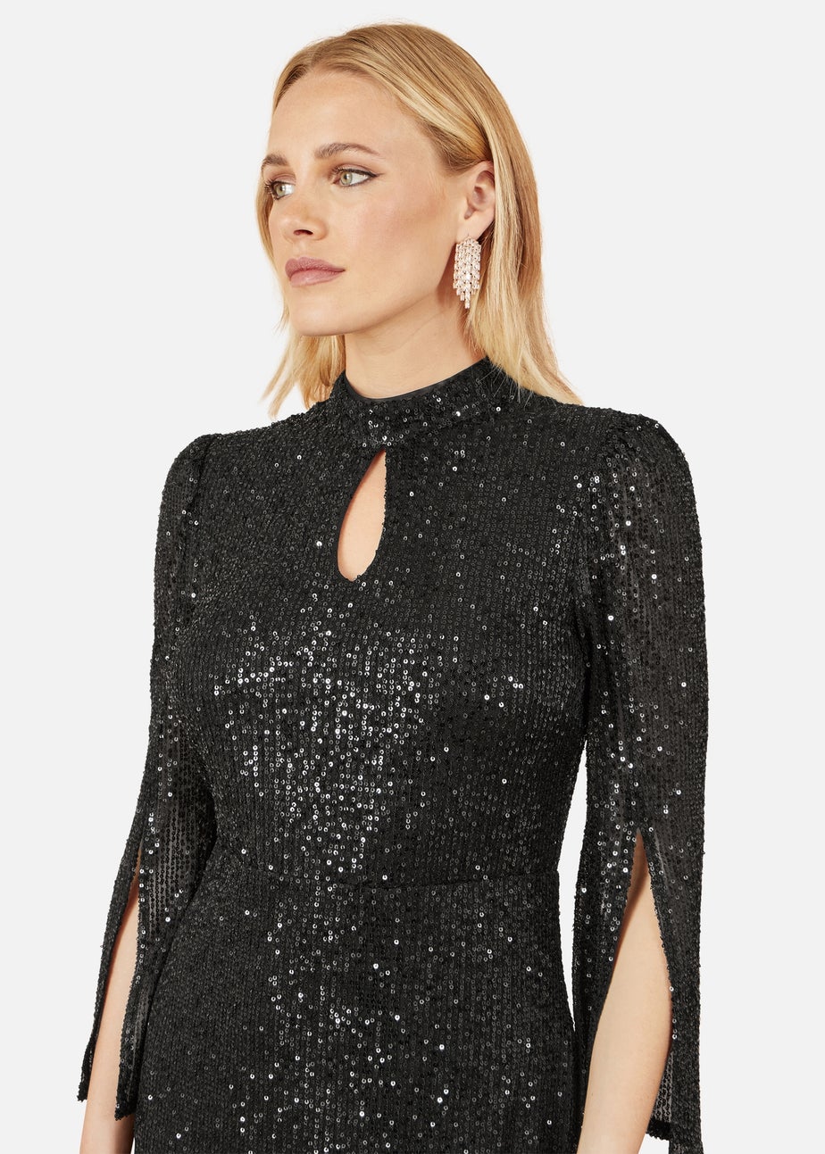 Yumi Black Sequin Fitted Midi Dress With Flute Sleeves