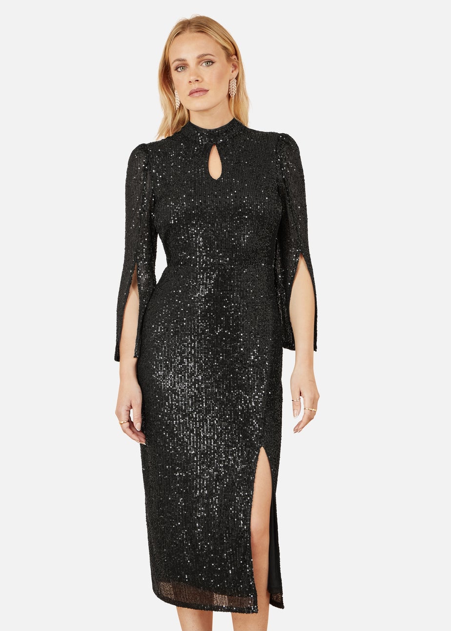 Yumi Black Sequin Fitted Midi Dress With Flute Sleeves