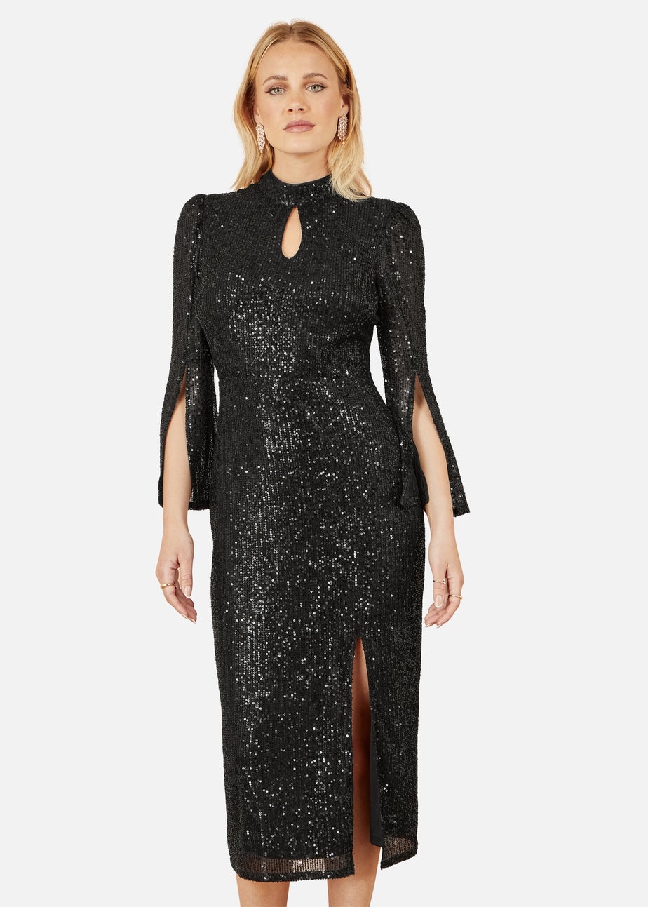 Yumi Black Sequin Fitted Midi Dress With Flute Sleeves