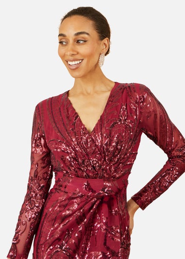 Yumi Red Sequin Midi Wrap Dress With Split Hemline & Long Sleeves