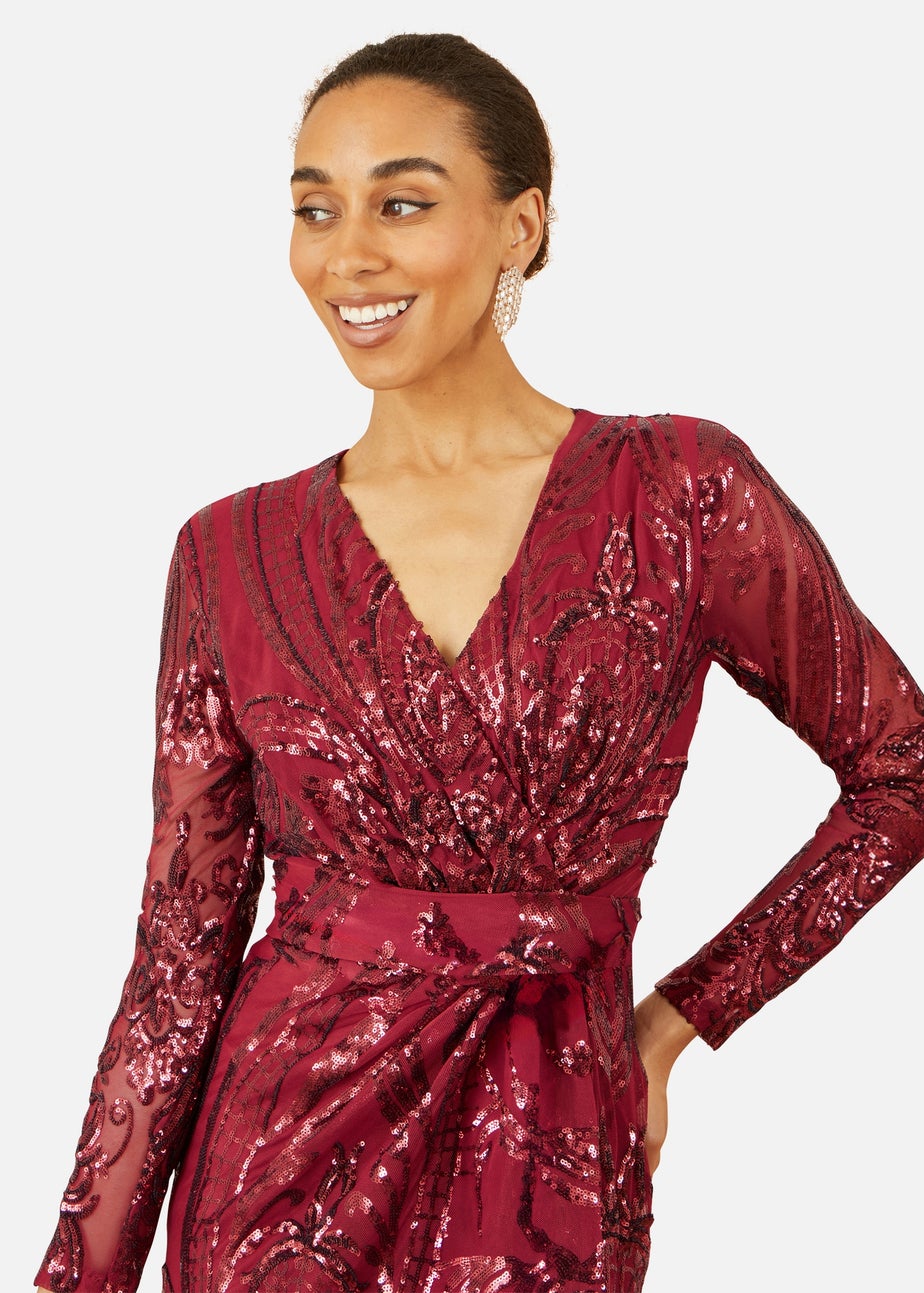 Yumi Red Sequin Midi Wrap Dress With Split Hemline & Long Sleeves