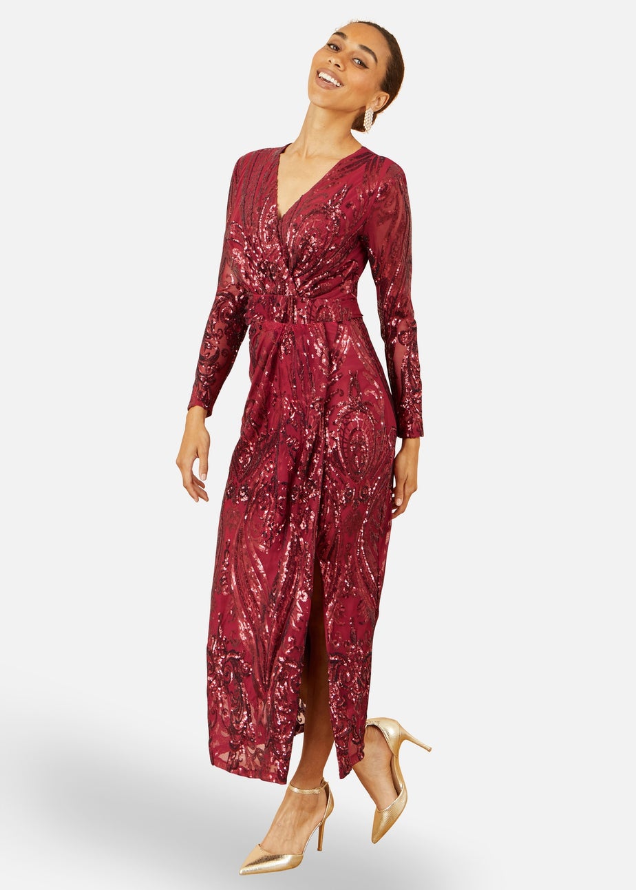 Yumi Red Sequin Midi Wrap Dress With Split Hemline & Long Sleeves