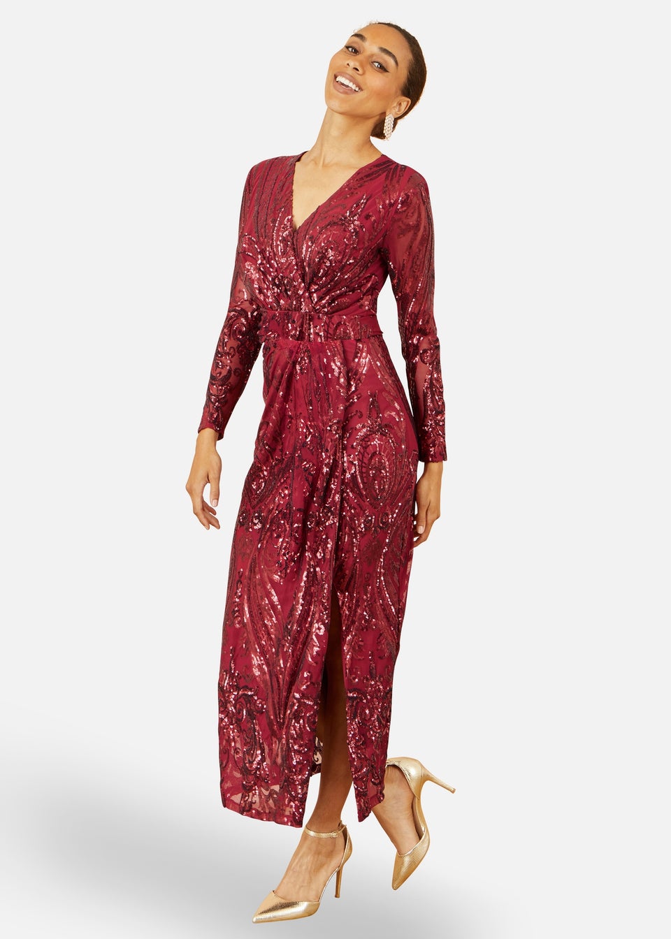 Yumi Red Sequin Midi Wrap Dress With Split Hemline & Long Sleeves