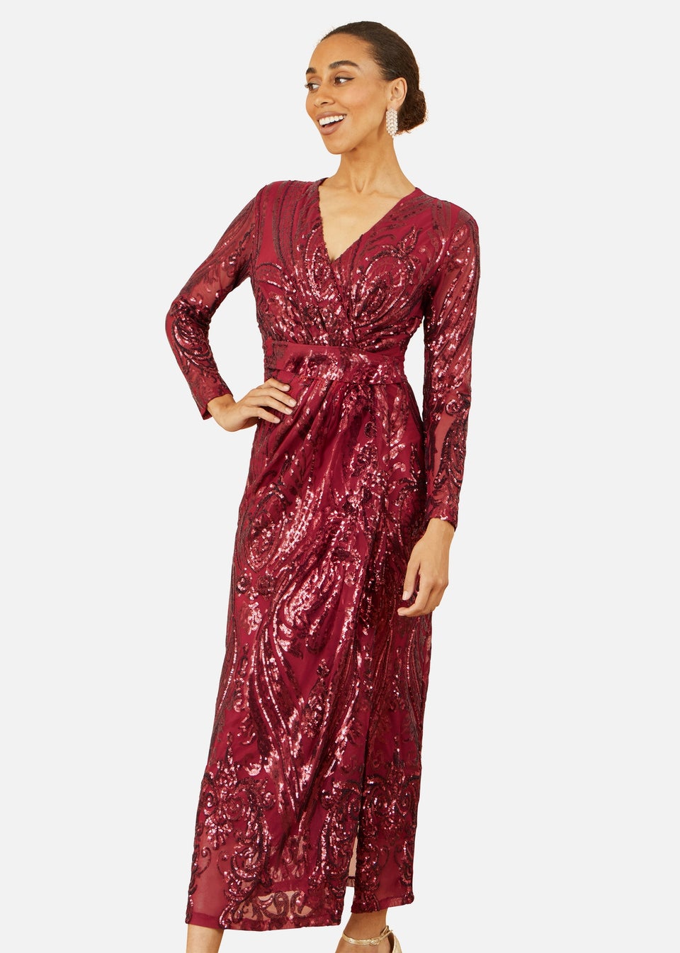 Yumi Red Sequin Midi Wrap Dress With Split Hemline & Long Sleeves