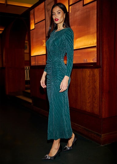 Yumi Green Mesh Fitted Ruched Midi Dress With Long Sleeves