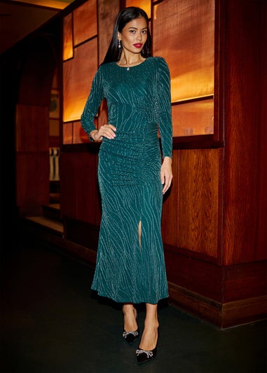 Yumi Green Mesh Fitted Ruched Midi Dress With Long Sleeves