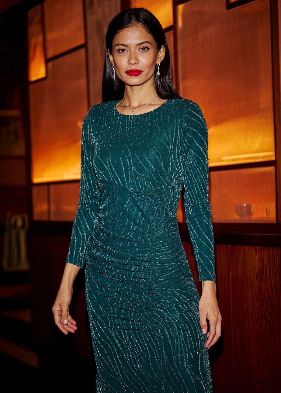 Yumi Green Mesh Fitted Ruched Midi Dress With Long Sleeves