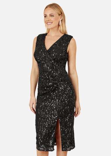 Yumi Black Sequin Fitted Wrap Dress With Split Hem