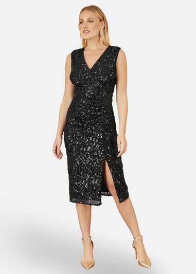 Yumi Black Sequin Fitted Wrap Dress With Split Hem