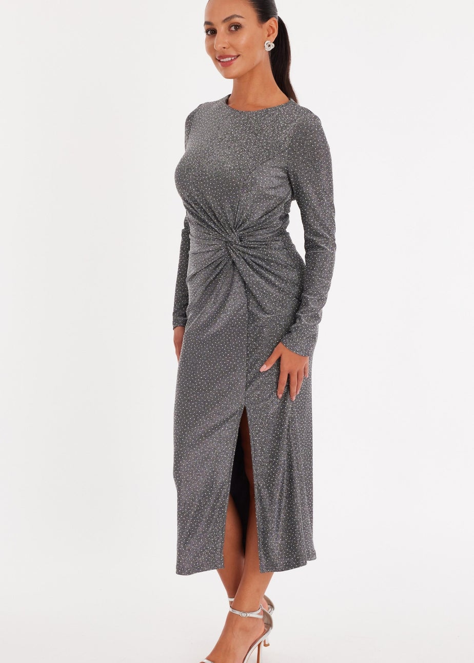 Quiz Grey Diamante Twist Midaxi Dress