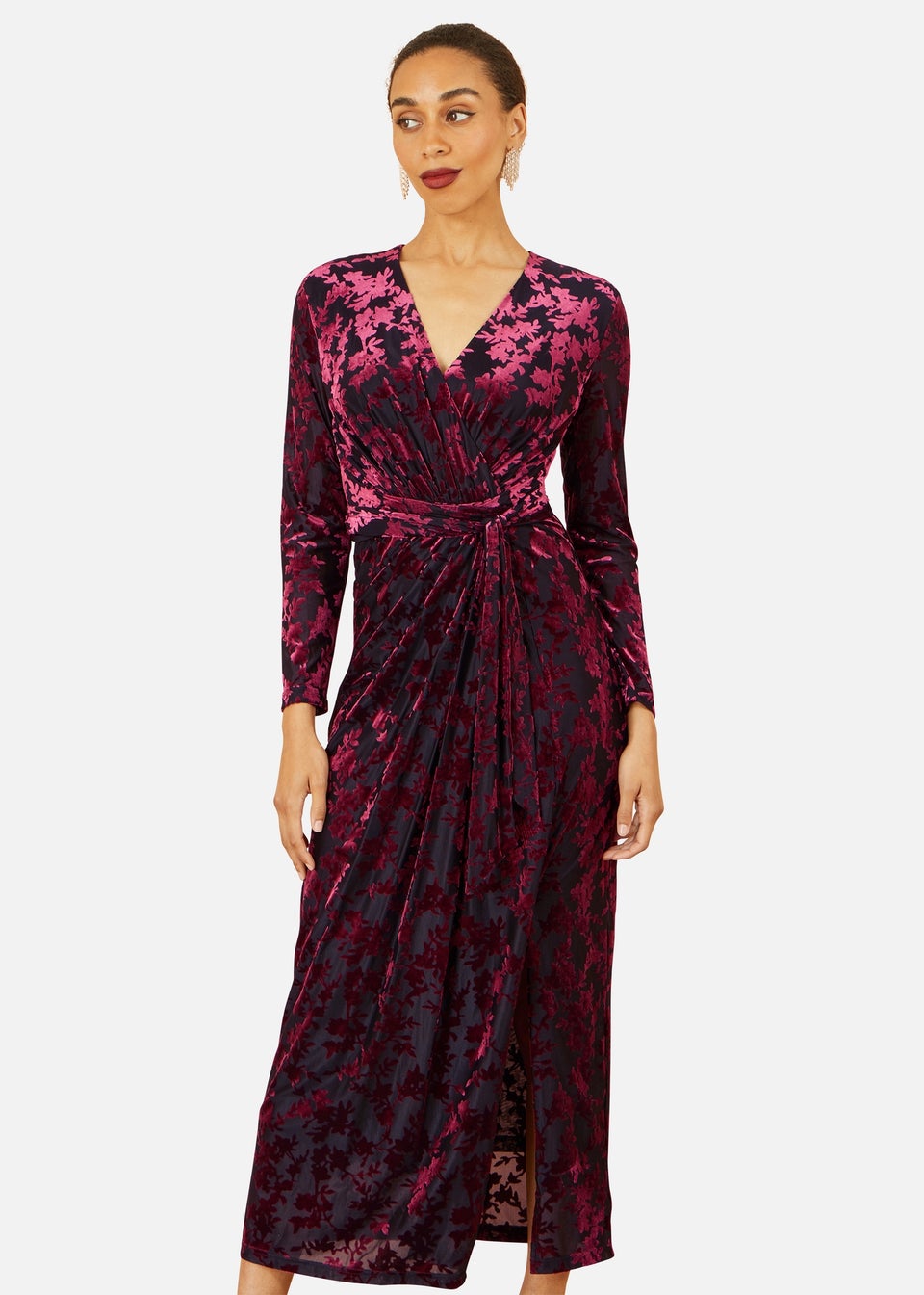 Yumi Burgundy Velour Stretch Midi Dress With Long Sleeves