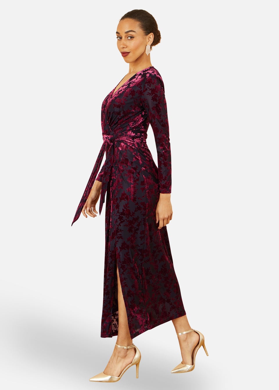 Yumi Burgundy Velour Stretch Midi Dress With Long Sleeves