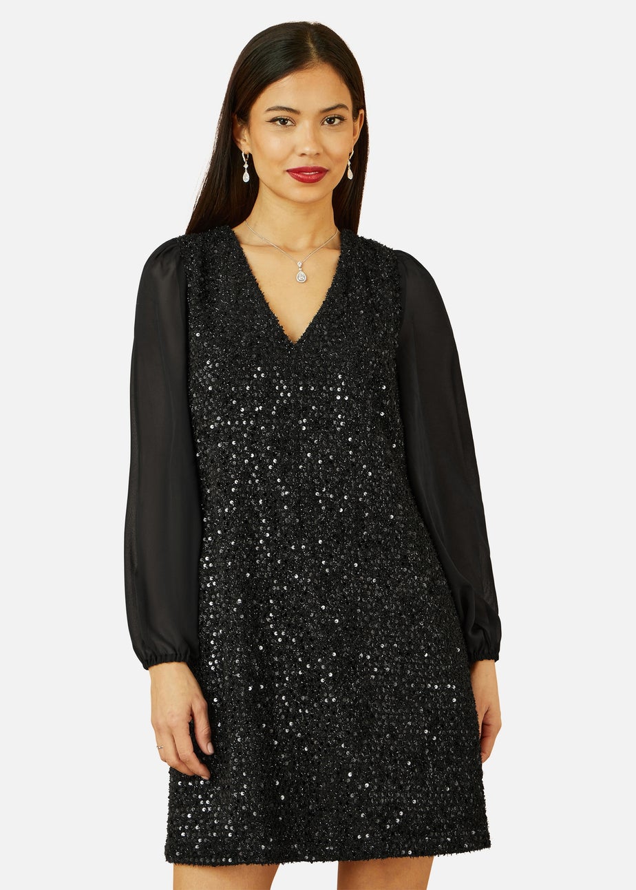 Yumi Black Sequin Tunic With Tie Back & Sheer Sleeves