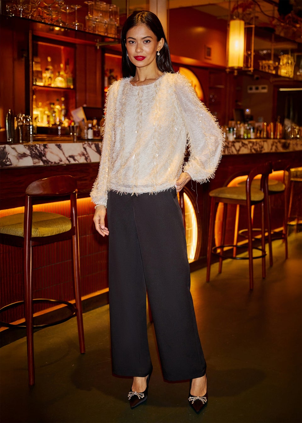 Yumi Ivory Hanging Sequin Long Sleeve Top