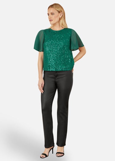 Yumi Green Sequin Top With Sheer Sleeves & Cut Out Back