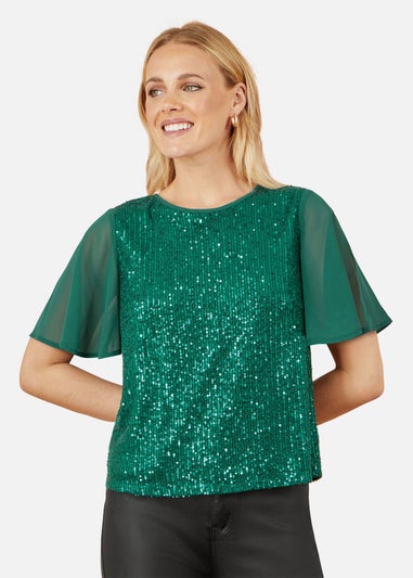 Yumi Green Sequin Top With Sheer Sleeves & Cut Out Back