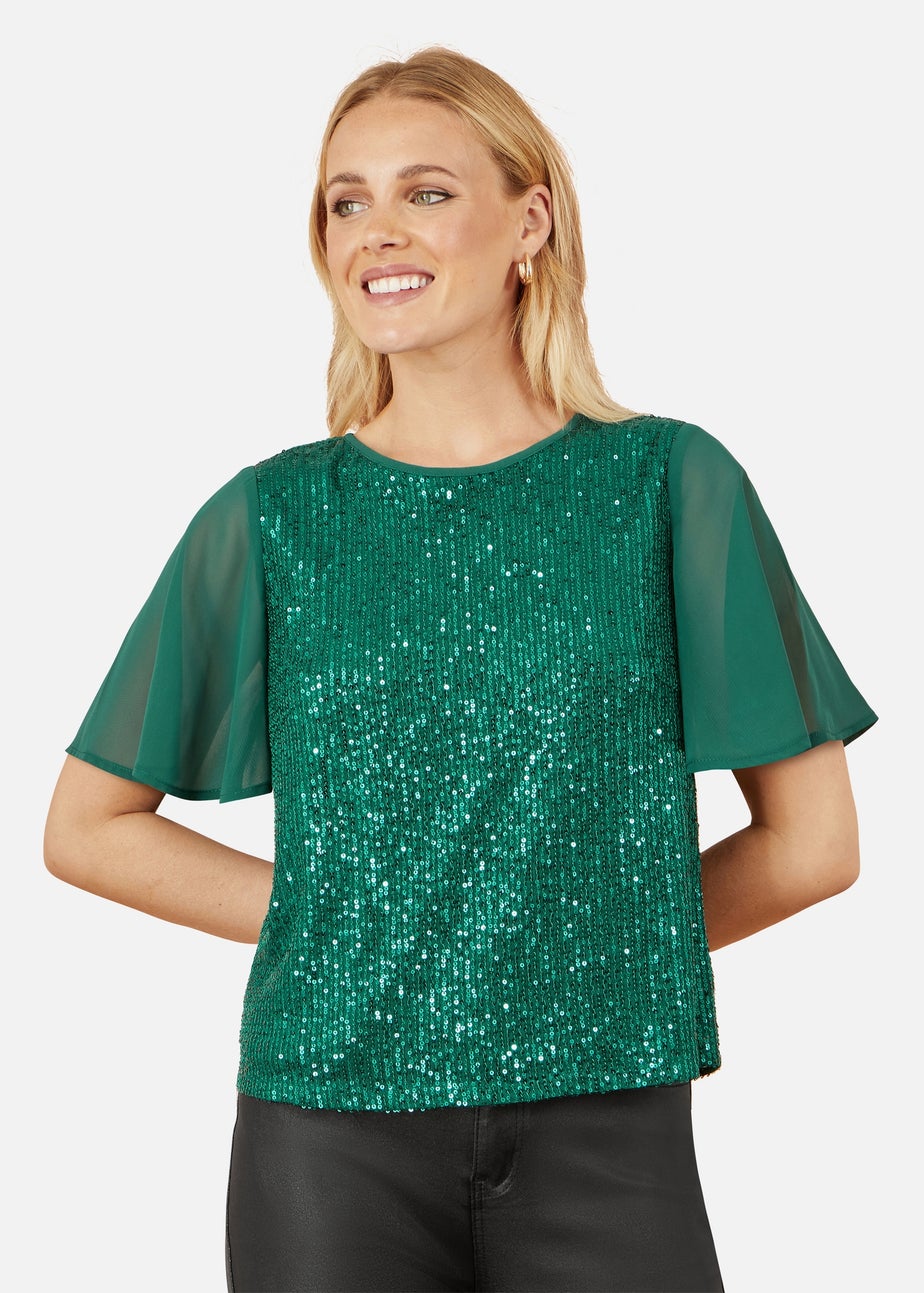 Yumi Green Sequin Top With Sheer Sleeves & Cut Out Back