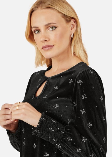 Yumi Black Sparkle Bow Print Velvet Top