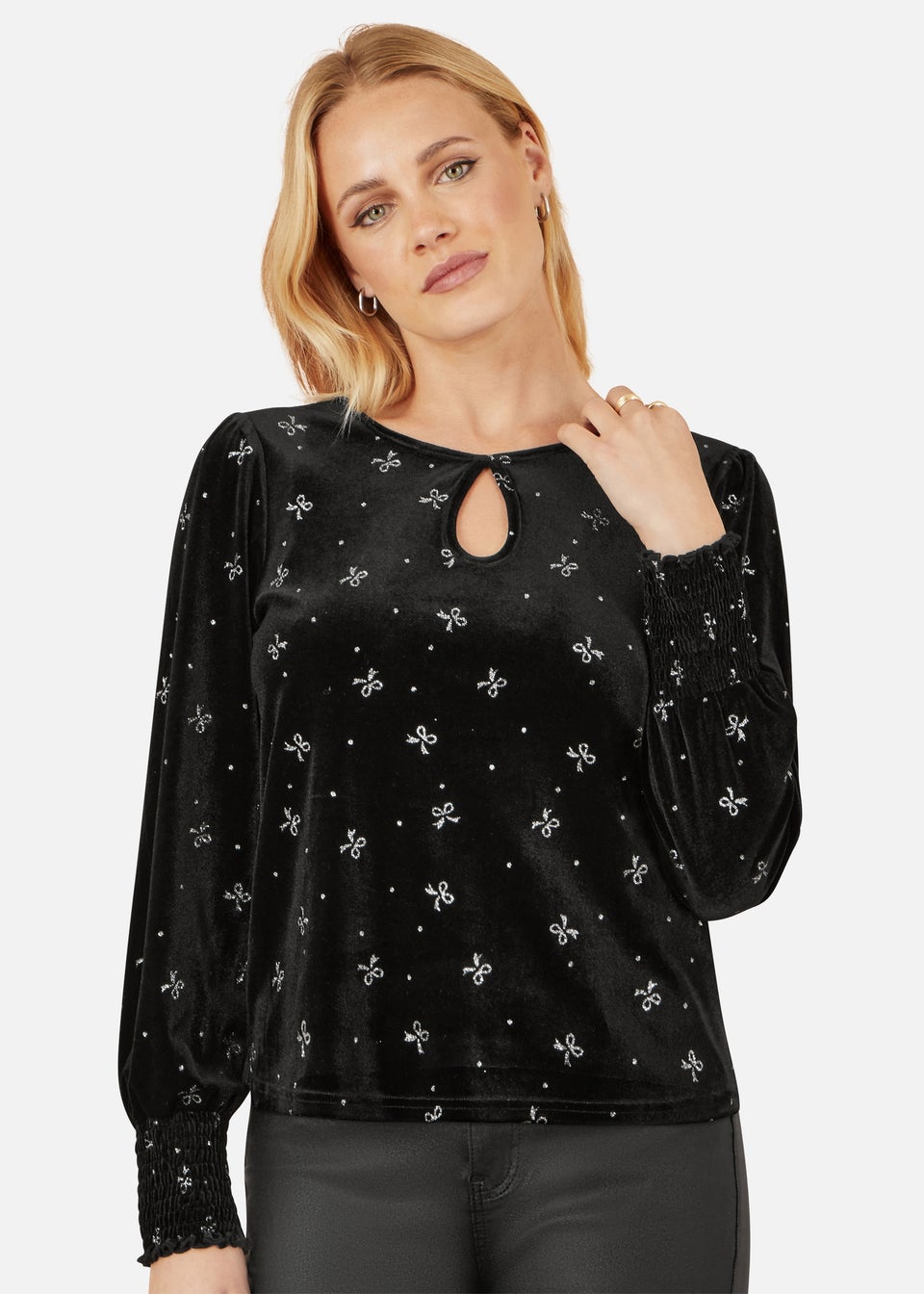 Yumi Black Sparkle Bow Print Velvet Top