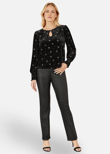 Yumi Black Sparkle Bow Print Velvet Top