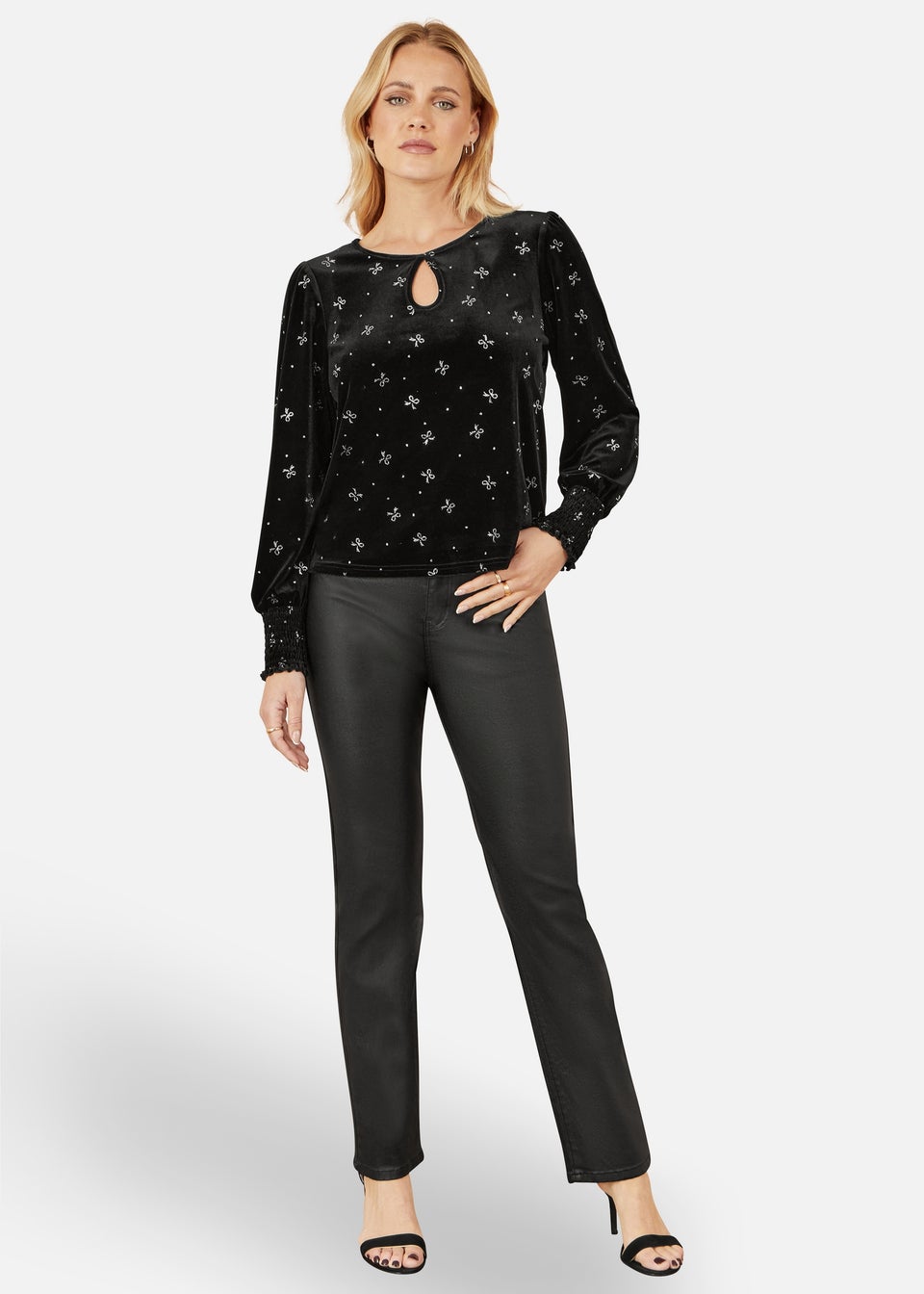 Yumi Black Sparkle Bow Print Velvet Top