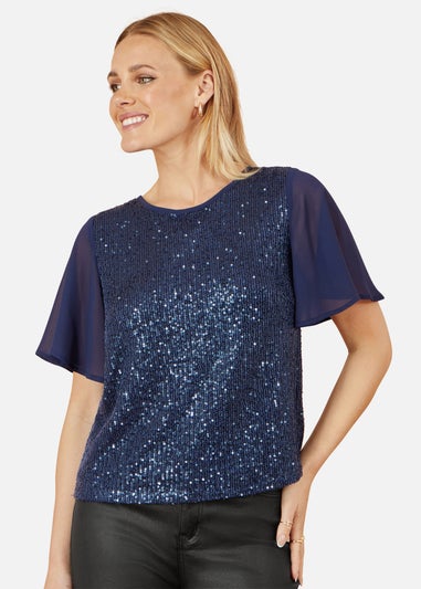 Yumi Navy Sequin Top With Sheer Sleeves & Cut Out Back